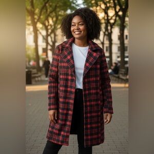 Bohme Red & Black Check Long Wool Coat Size M NWT